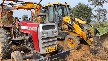 Jcb 3dx Backhoe Loader Machine Loading Mud In Massey Ferguson 7250 Di & Mahindra 265 Di Tractor |Jcb