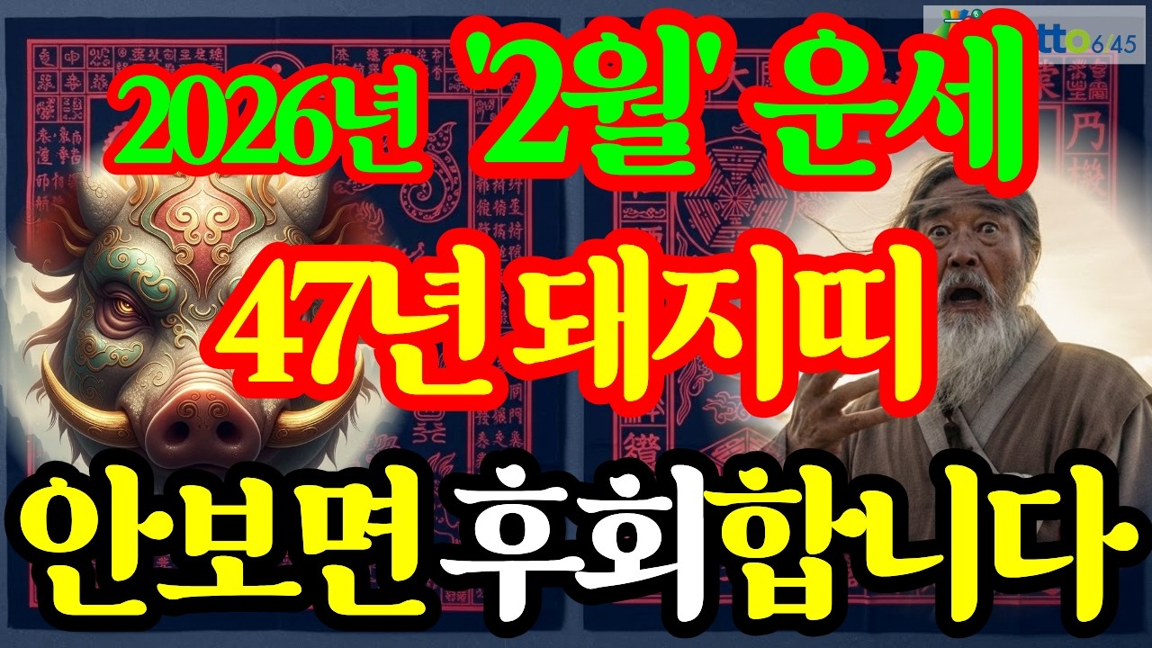 1947년 정해생 돼지띠, 2026년(丙午年) 2월 상세 운세(재물운, 문서운, 건강운, 사업운, 직업운, 대인관계운, 애정운, 가정운, 띠궁합,성씨궁합) 및 2월 행운 번호 공개