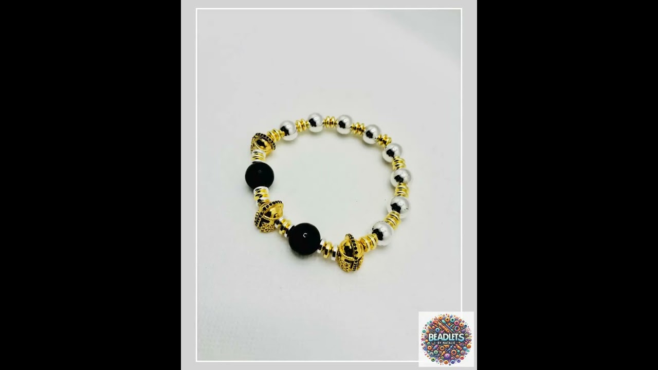 Mens Golden Spartan Helmet Bracelet: Silver Hematite & Black Onyx Beads