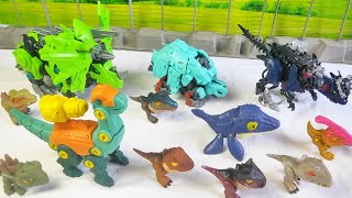 Let's Review dinosaurs Robot Mozasaur, Triceratop, stegosaur, parasaurolopus, Velociraptor, T-Rex 2