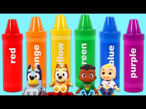 Видео: Bluey, Bingo, & Cocomelon Baby JJ & Cody Kids Learning Colors Activity with Rainbow Crayon Opening!