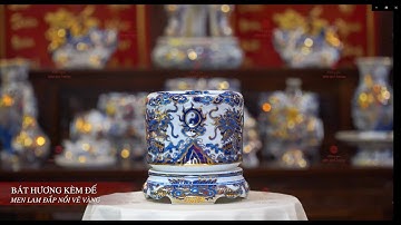 Bát Hương Song Long Chầu Nguyệt Men Lam Nổi Vẽ Vàng Kim - Đồ Thờ Cao Cấp Không Gian Gốm Bát Tràng