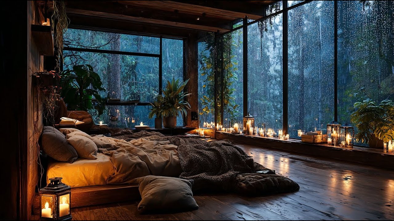 Ultra Cozy Rain Room for Deep Sleep • Heavy Rain & Thunderstorm ...