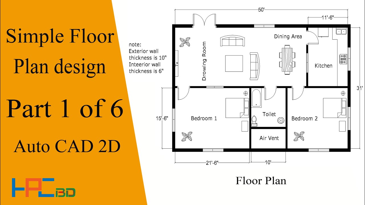 Auto CAD 2D Simple Floor Plan Design Part 1 of 6