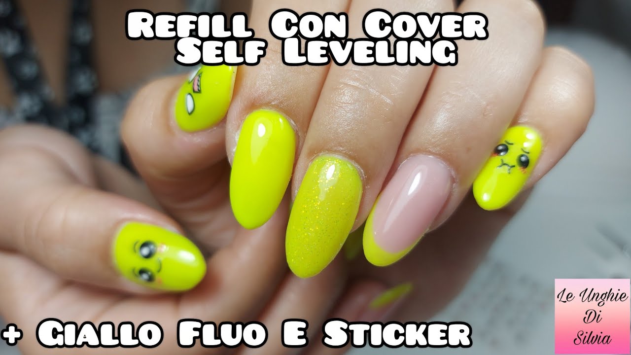 Refill Con Cover Self Leveling 100ColpiDiLima + Unghie Giallo Fluo Con Glitter E Sticker