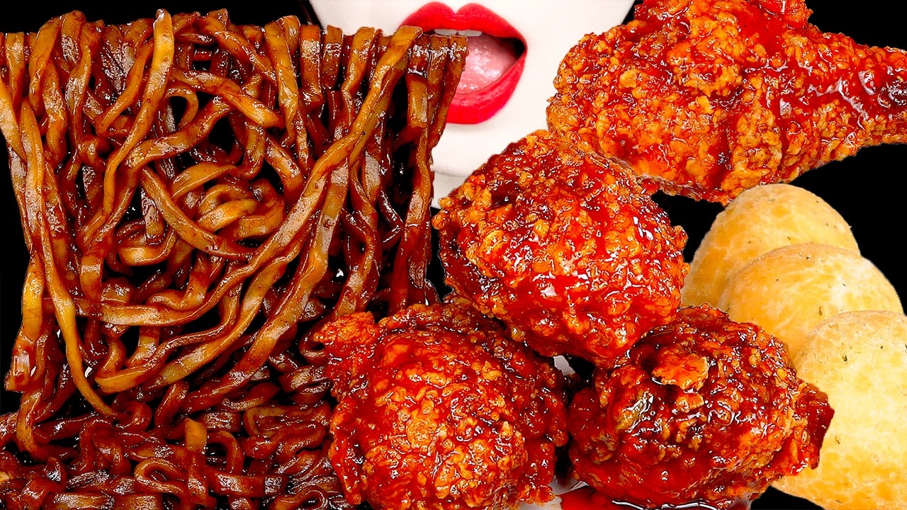 ASMR MUKBANG | SPICY FRIED CHICKEN BLACK BAEN NOODLES 양념치킨 짜장라면 먹방 EATING SOUNDS | ZOEY ASMR 조이