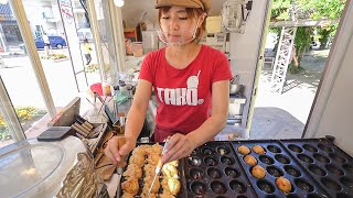 Japanese Street Food  Woman Takoyaki Food Truck Octopus Balls Cooking 大阪 たこ焼き本舗 まる