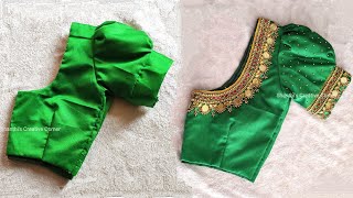 Beautiful heavy aari work on green stitched blouse using normal needle | Maggam work stitched blouse