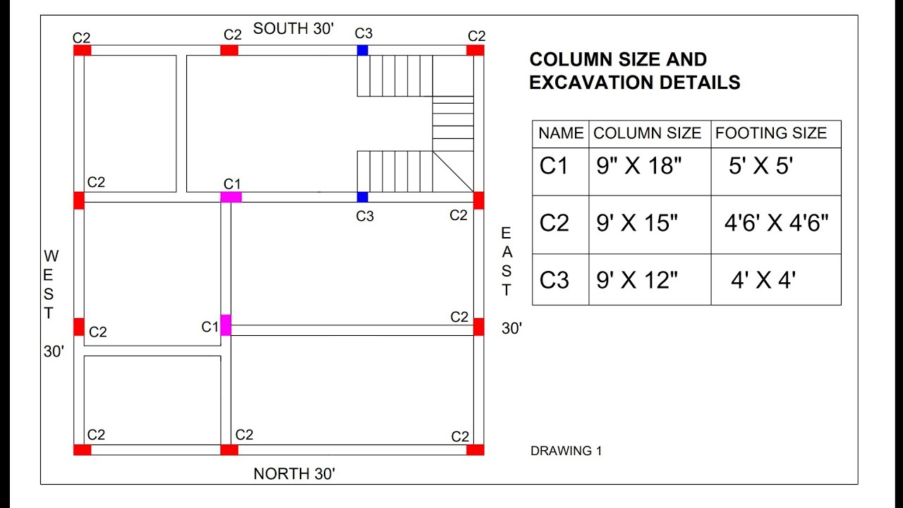 column and footing structural plan for 30 × 30 house plan 