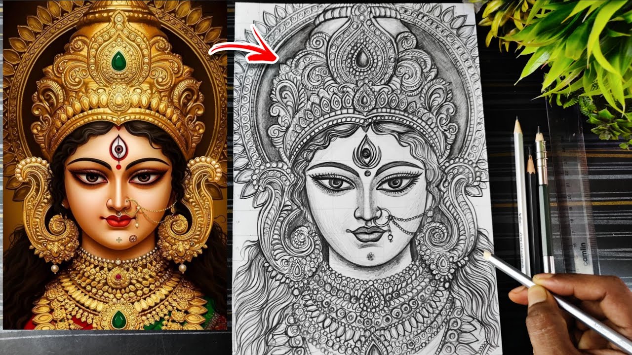 Durga Maa Drawing, Navratri Special Durga Thakur Drawing, How To Draw Maa Durga Step By Step