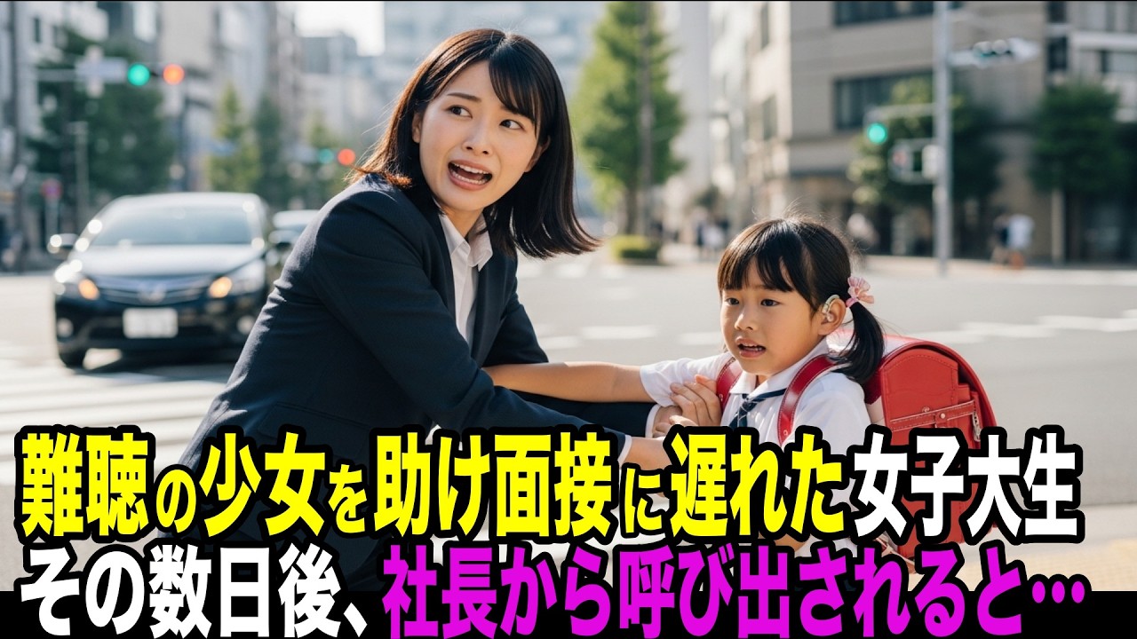 車にひかれる寸前の難聴の少女を助け、面接に遅刻した女子大生。数日後、社長から呼び出された結果…