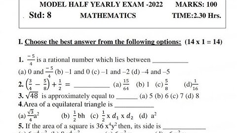 8th std maths half yearly exam model question paper 2022-2023