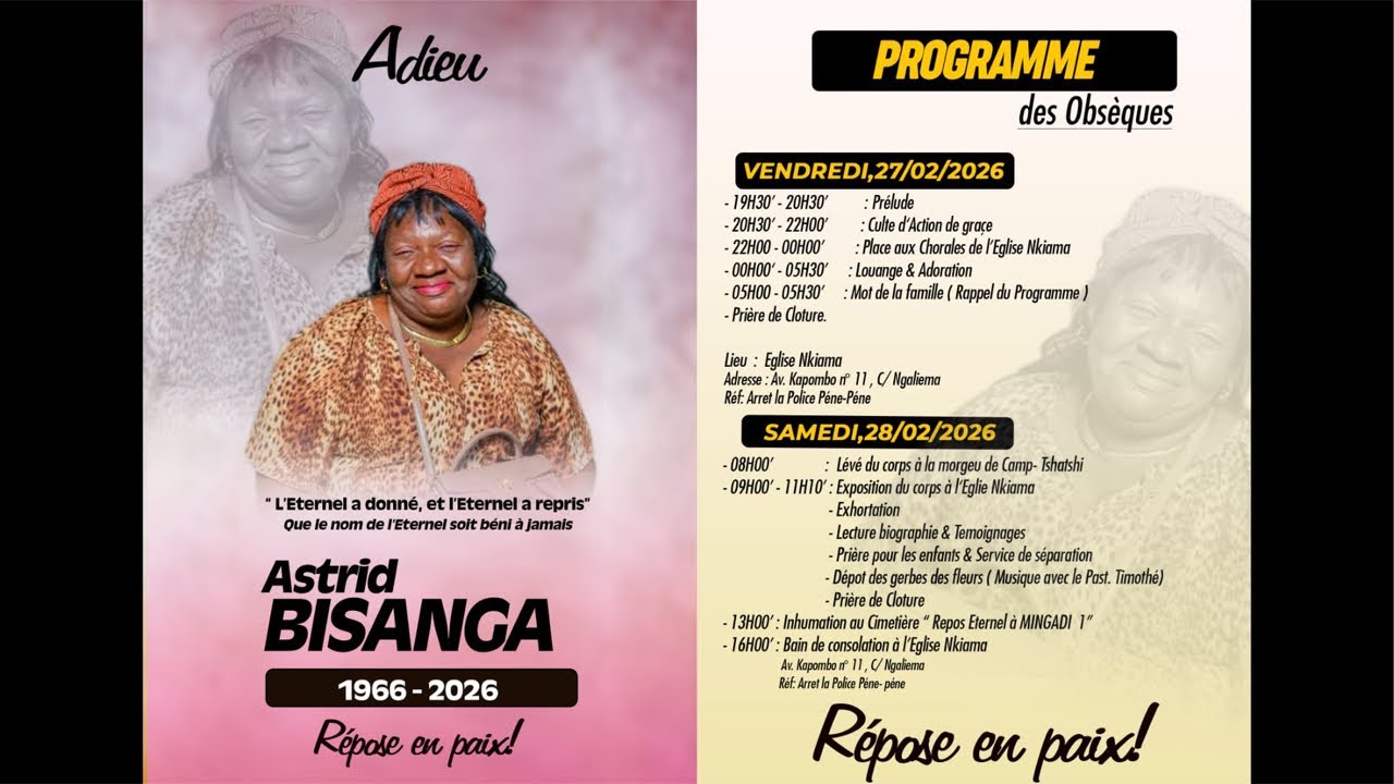 EXPOSITION DU CORPS DE MAMAN ASTRID BISANGA, A L’ÉGLISE KIAMA C/ NGALIEMA Q/ MANENGA . FEVRIER 2026