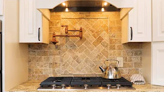 BEAUTIFUL KITCHEN! Old World Stone Tile and Copper Canning Pot Filler