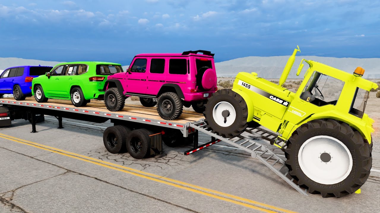 Flatbed Trailer McQueen Transportation with Truck - Speedbumps vs Cars vs Train - BeamNG.Drive #05