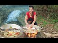 Amazing Fishing skill to catch Big fish with egg and cooking Soup for lunch in the forest