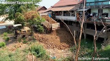 New Project.! Large Size Landfill Up With Skills Operator KOMATSU D58P Bulldozer And Team Dump Truck