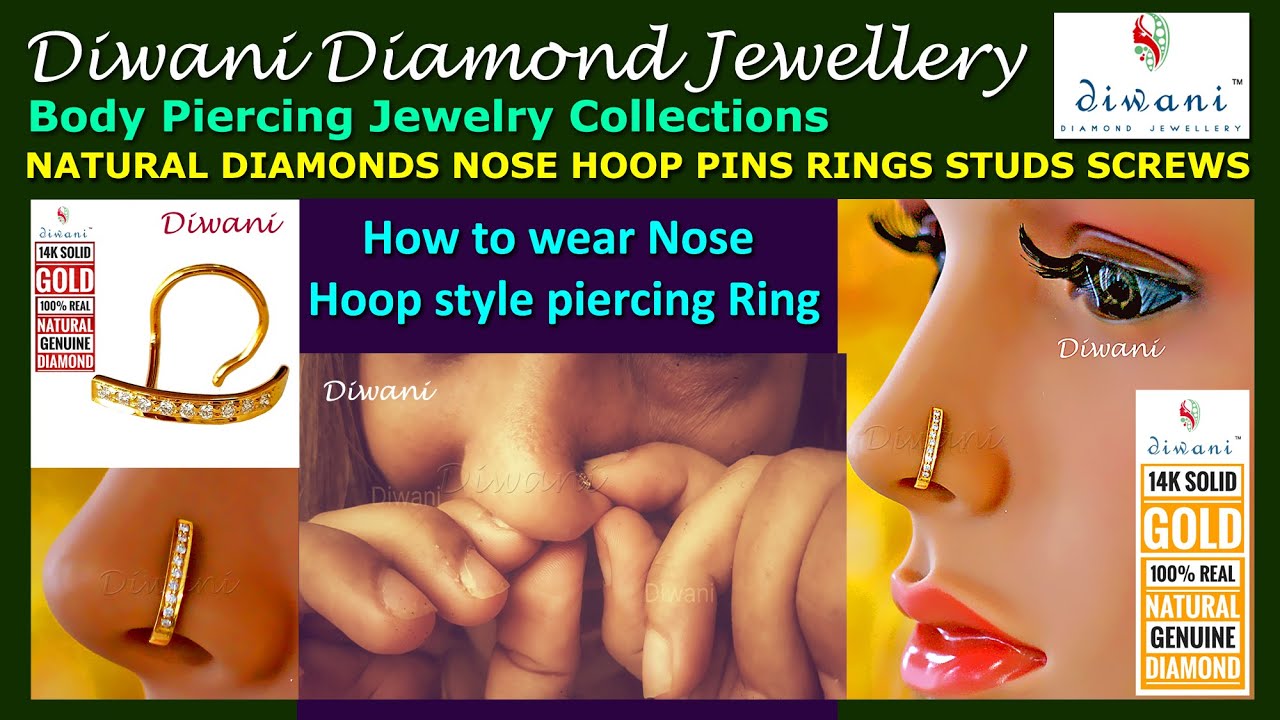 Diwani How to wear Hoop style spiral wire type Nose pin Piercing Rings studs real diamonds 14kGold