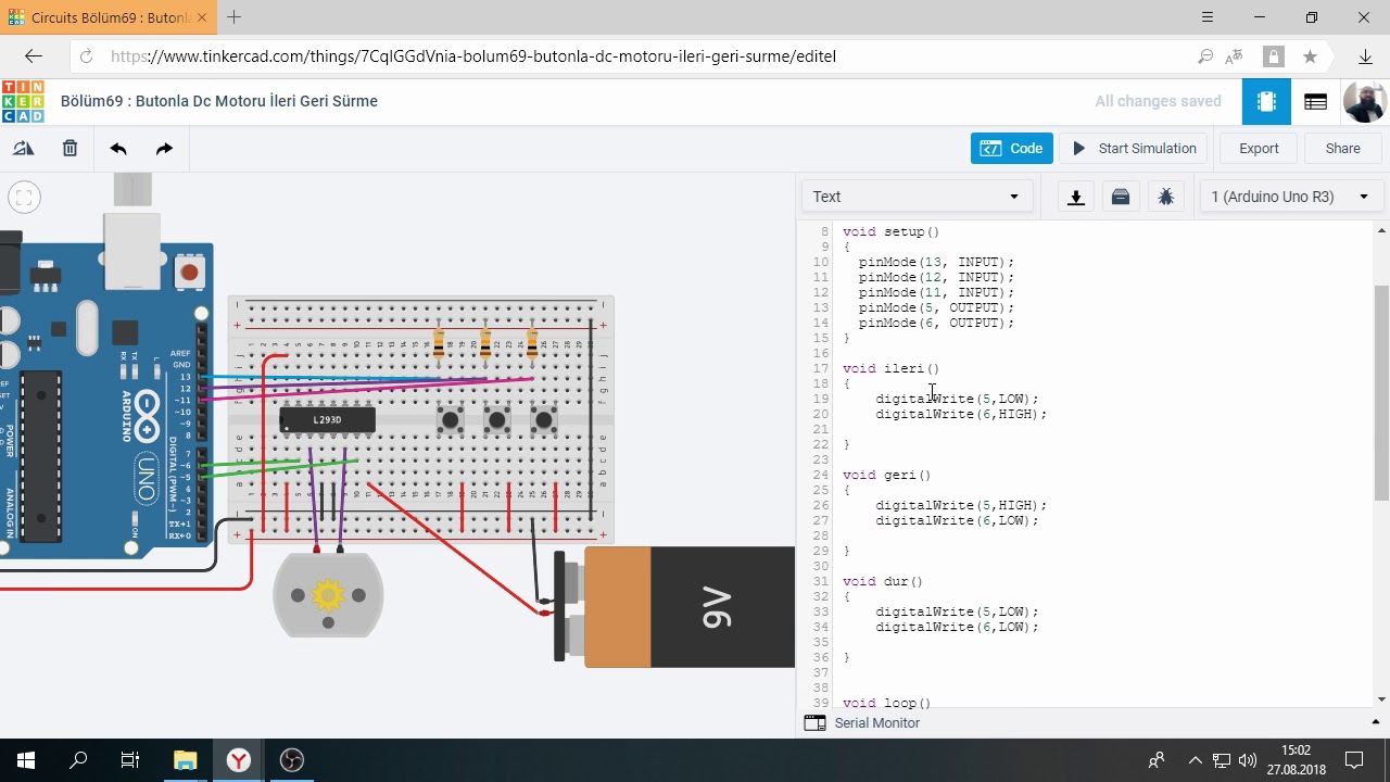 Tinkercad ile Arduino Bölüm69 : Butonlarla Dc Motoru İleri Geri Sürme ...