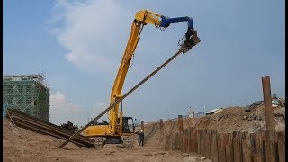 Long Boom Excavator Vibratory Hammer Sheet Pile Installation (Full videos detail)