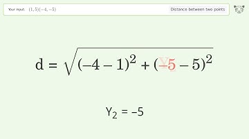 Find the distance between two points p1 (1,5) and p2 (-4,-5): Step-by-Step Video Solution