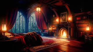 Nighttime Thunderstorm in this Cozy Castle Room with Rain and Fireplace Sounds to Sleep Quickly