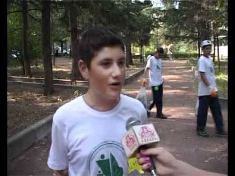 Green Tavush NGO, Armenian youth, and Peace Corps volunteers are interviewed by an Armenian News Station about their community trash clean-up in Ijevan, Tavush Marz, Armenia.