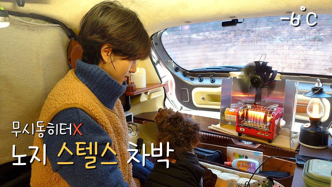 [67]경차모닝차박/영하6도, 화장실과 개수대까지 있는 무료 노지캠핑장에서 히터 없이 강아지와 스텔스차박하기!/애견동반캠핑/원주아랫당숲캠핑장