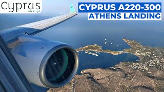 Cyprus Airways Airbus A220-300 Landing at Athens 03L | Wing View | Business Class Seat 1A [4K]