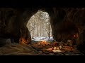 Fall Asleep In A Cozy Snowy Forest Cave❄️🔥Winter Ambience With Calming Bonefire & Winter Wind Sounds