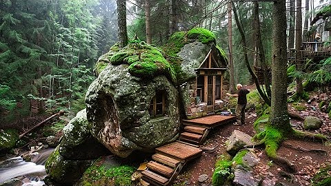 Build a Warm Survival Shelter  Bushcraft Cave in a Cliff and Clay Fireplace