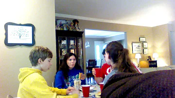 Joey Nina Alison Tyler Charlotte are eating food drinking water soda on mother's day kitchen counter