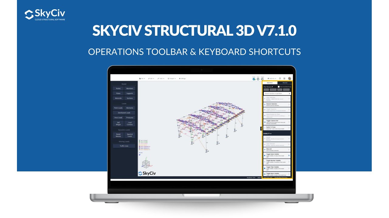 Панель инструментов операций и сочетания клавиш в SkyCiv Structural 3D v7.1.0
