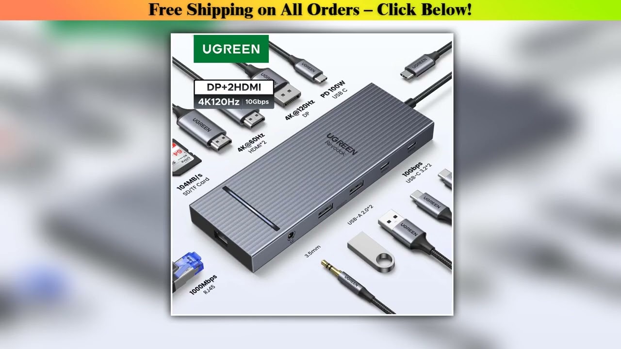 UGREEN USB HUB 4K120Hz DP TypeC to 4K60Hz 2xHDMI SDTF RJ45 35mm USB32 Gen2 10Gbps Data for Laptop D