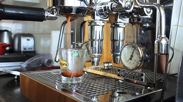 Double shot espresso using a bottomless (Naked) portafilter. Giotto Rocket machine