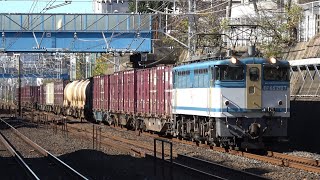 EF65-2127(カラシ)牽引の鹿島貨物(1093レ) 強風吹く東船橋駅を通過