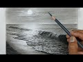 Pencil Drawing Of Night Beach And Sea Waves And Moon Shining Pencil Drawing Of Night Beach And Sea Waves And Moon Shining