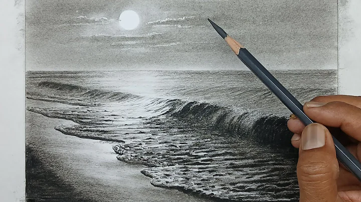 Pencil drawing of night beach and sea waves and moon shining. thumbnail