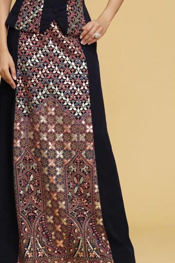 Dark Blue Georgette Sequins Festival Indo-Western Skirt Set #ethnicwear