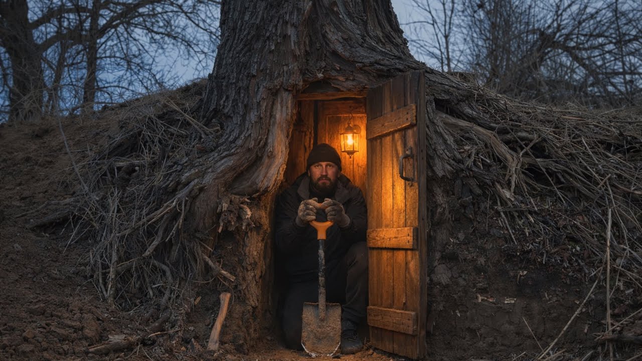 Building a secret shelter inside a large tree: extreme survival