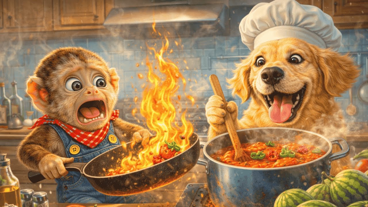 О боже! Маленький обезьянка готовит огненное блюдо со своим другом-собакой 🔥🐒🐶 | Милая обезьянья ...