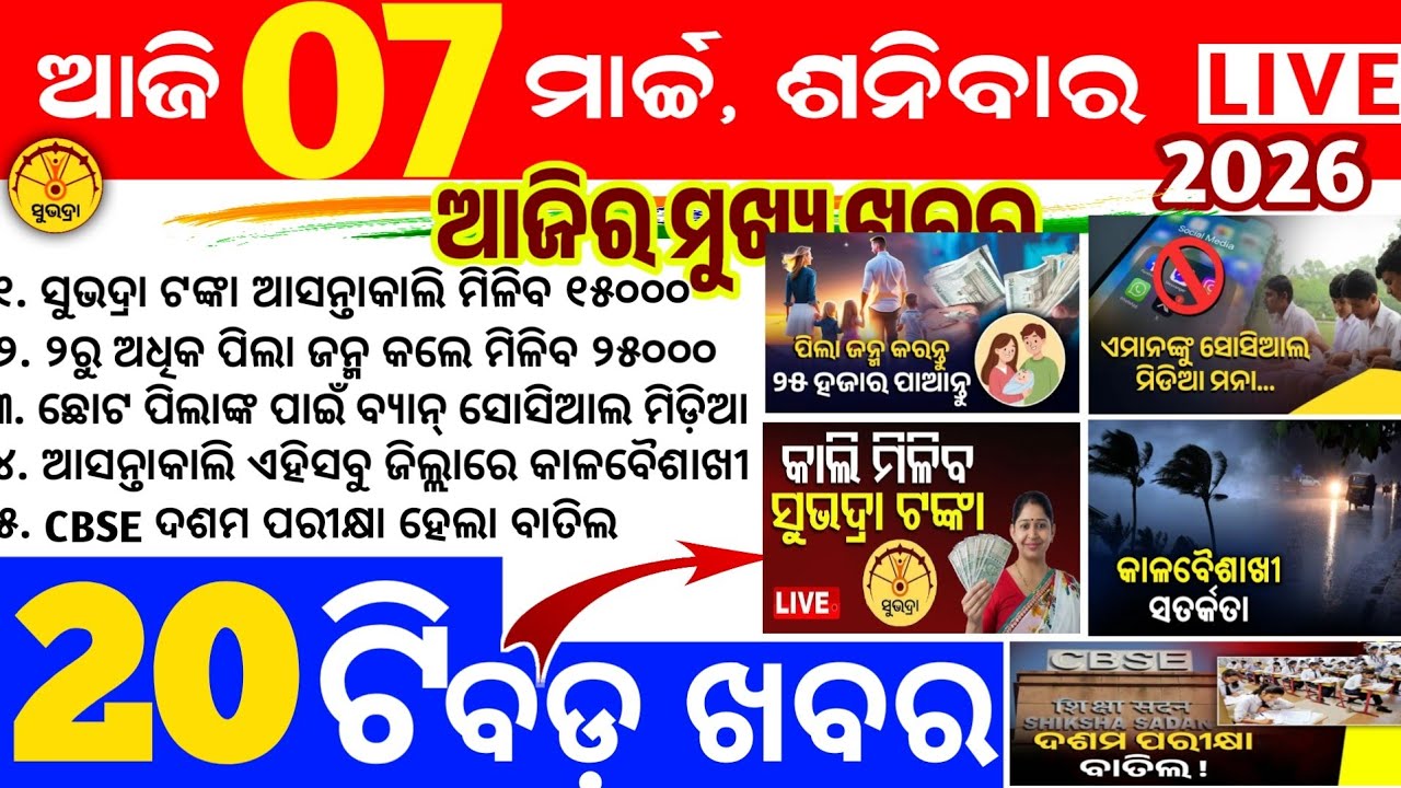 Today's News Odisha/7 March 2026/Odisha news/subhadra yojana/PM kisan yojana/odisha news today