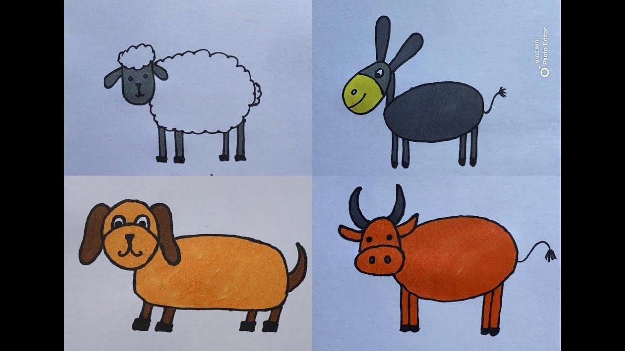 Easy Pet Animals or farm animals drawing. Sheep drawing,donkey drawing