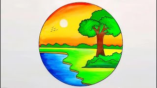 Beautiful Village Drawing Inside a Circle | Easy Scenery Art for Beginners | Village Drawing