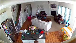 Boy walks on kitchen table then falls through extension area as Dad plays hide and seek with brother