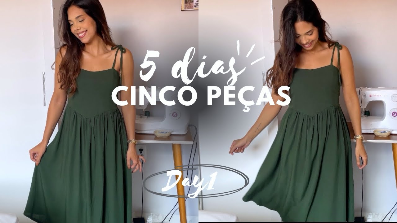 Vestido camponesa com saia franzida e alças de amarrar