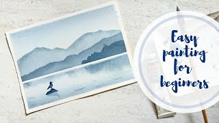 EASY watercolor landscape monochrome painting for beginners. Gradient watercolor wash technique.