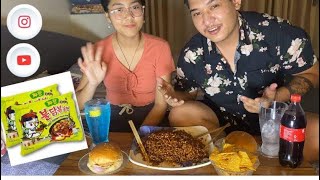 Trying ASMR Mukbang| Black Bean Ramen Noodles + Homemade chicken burger with Nachos|Vickey grg
