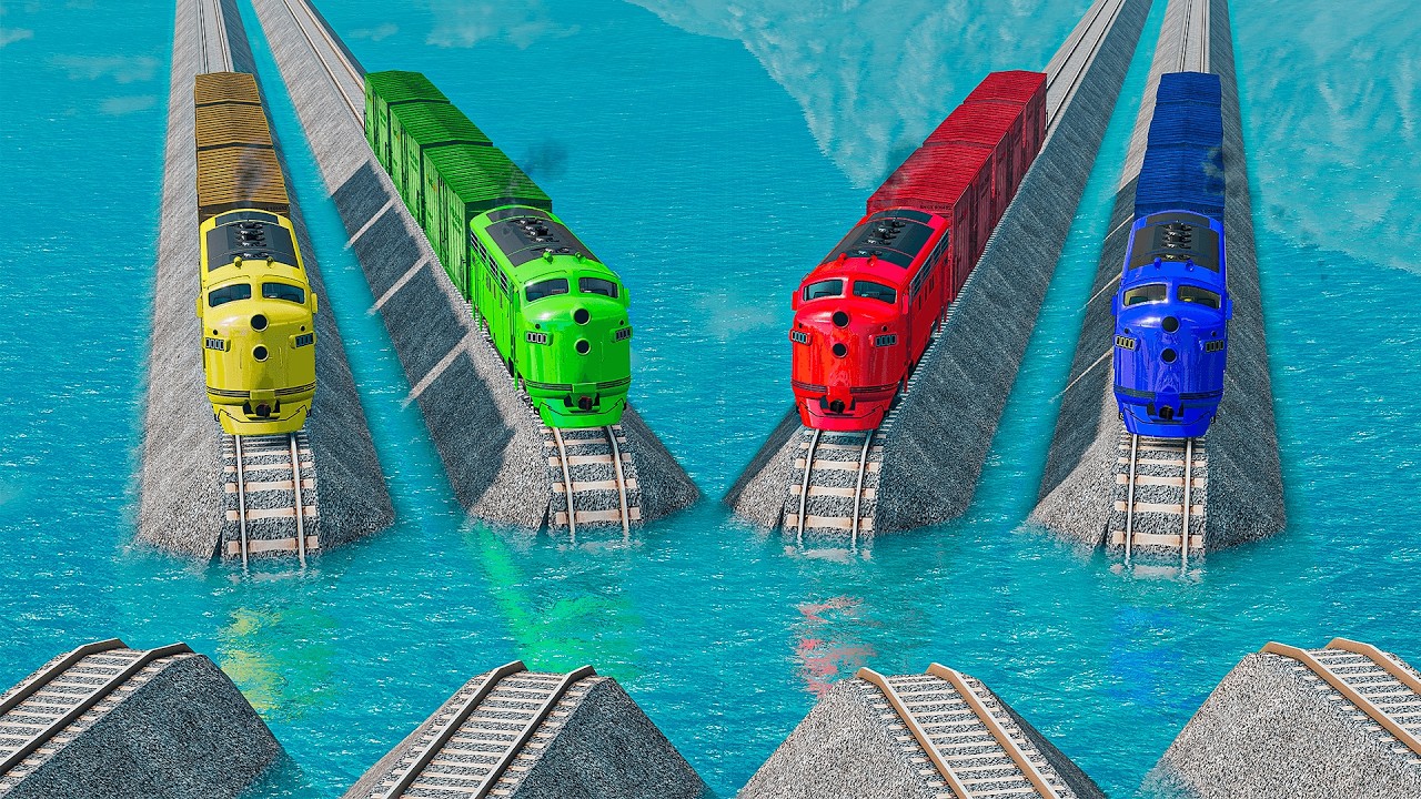 Colorful Quadruple Trains Vs Weird Wavy Impossible Rails Tracks Crossing Deepwater | BeamNG.drive