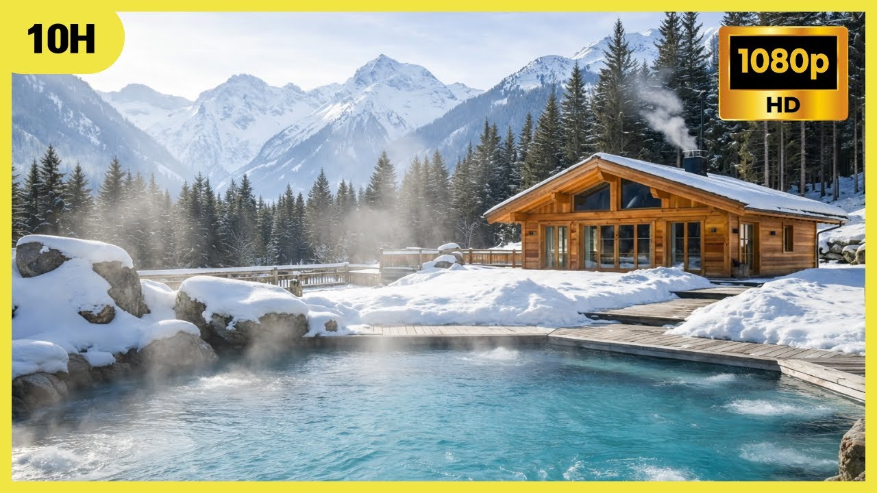 Snowy Mountain Hot Spring Ambience 10 HOURS  Winter Cabin Relaxation  1080p HD